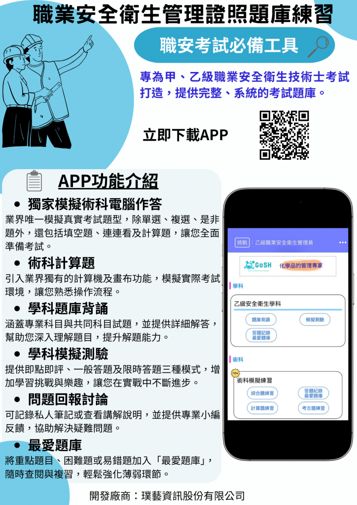 提供甲乙級職業安全衛生管理人員技術士證照考試題庫練習
題庫包含:
職業安全衛生管理(乙級)、職業衛生管理(甲級)、職業安全管理(甲級)及共同科目(甲乙級)
APP功能有:
1．	術科考古題:
歷屆考題回顧實際考試出題方向，且為目前業界唯一效法真實考試，除單選、是非、複選以外還有填空題、連連看以及計算題，檢視自己的學習成果，並提供詳細解答。
2．	術科計算題:
導入目前業界獨有的計算機及畫布功能，模擬真實考試，方便熟悉計算機操作，並提供完整計算過程詳解。
3．	學科題庫背誦: 
學科專業科目與共同科目試題，並提供詳細解答，增加對題目的理解，背誦題目時可顯示或不顯示答案，依個人習慣背誦
4．	學科模擬測驗:
提供即點即評、一般與限時答題三種不同模式，增加挑戰樂趣，並於交卷後顯示測驗結果答題分析，分析專業與共同科目各類別答題正確率。
5．	最愛題庫:
將重點題目、困難或常錯的題目加入「最愛題庫」，方便隨時查閱和複習。
6．	答題記錄:
針對個人測驗答題記錄，對題型分成不擅長，普通及熟悉，找出需加強的題型。
7．	問題回報討論功能:
提供記錄私人筆記或講解說明還有專業小編給予反饋。
